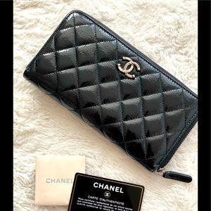 Authentic Chanel Patent Quilted Brilliant Zip Around Wallet Black